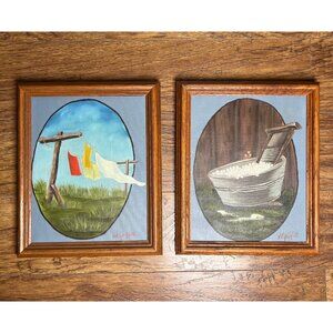 Charming Vintage-Style Laundry Room Art – Set of 2 Framed Paintings